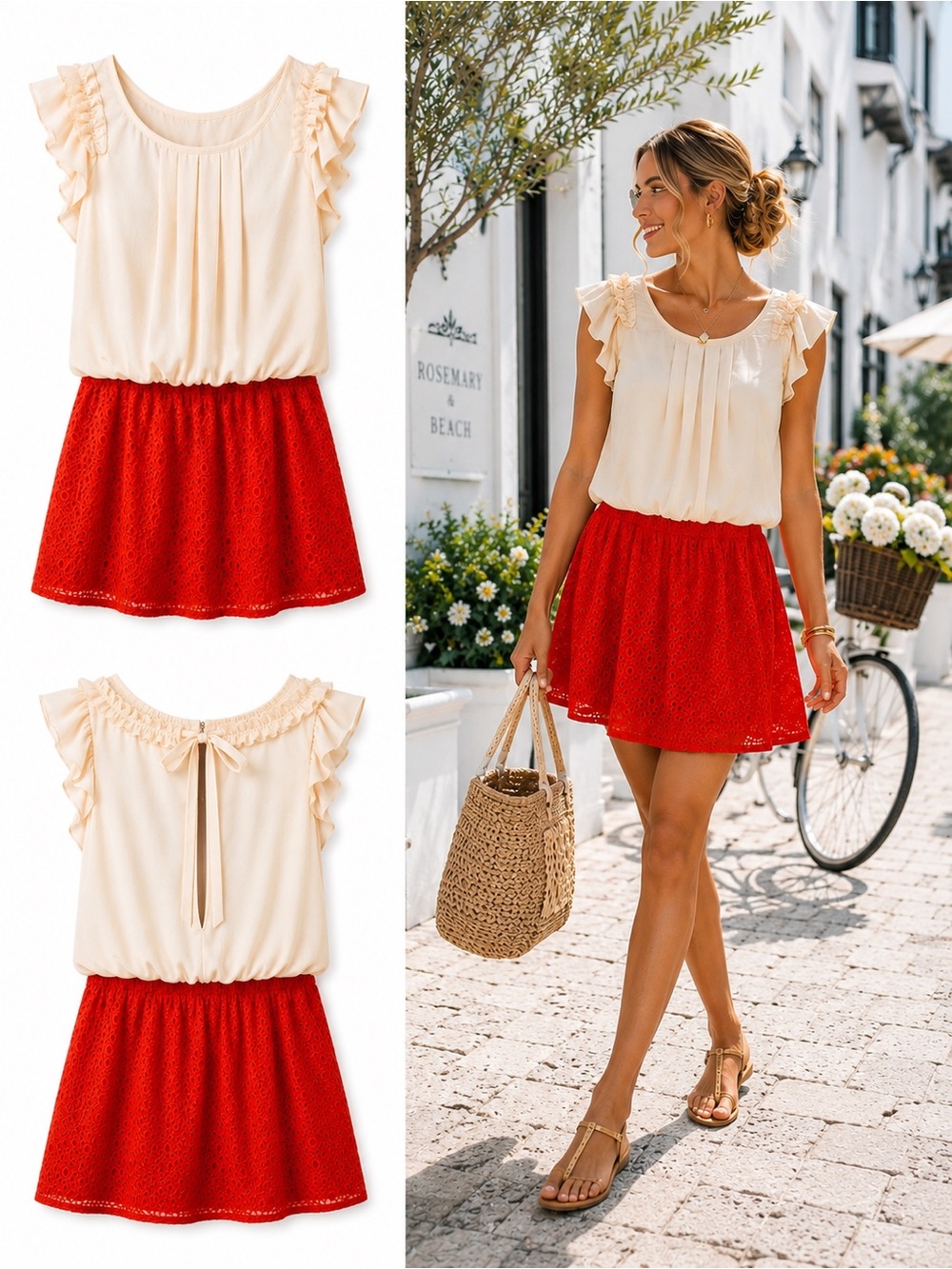 Anthropologie A’reve Eyelet Lace Mini Dress Cream Chiffon Ruffle Resort Size S